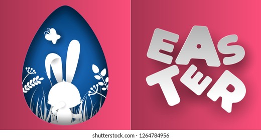 Easter bunny cut out of paper with a shadow on nature. Vector illustration in the shape of an egg. Postcard with lettering and letters