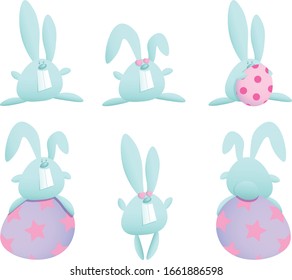 Osterhase. Rute, blaue Farbe, Eier in ihren Pfoten halten