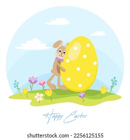 Easter Bunny cute cartoon character with big yellow egg in white dots on the green grass with a flowers. Vector illustration in flat style