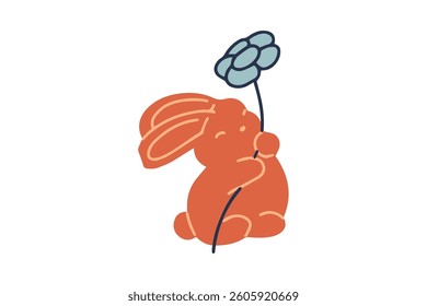 Easter bunny cute character with flower in flat style
