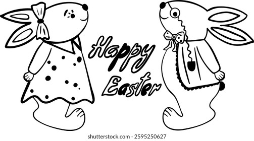 Easter bunny. Cute fluffy rabbits in doddle style. Vector illustration. Rabbits in love for Easter.