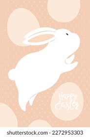 Easter bunny, cute jumping rabbit, eggs silhouettes, lettering quote Happy Easter on decorative background. Vector illustration. Flat style design. Concept holiday card, banner, poster, decor element