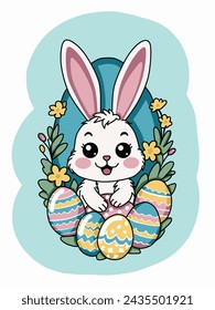 The Easter bunny. A cute little white rabbit among colorful painted eggs and spring flowers. sticker, Easter card. vector illustration