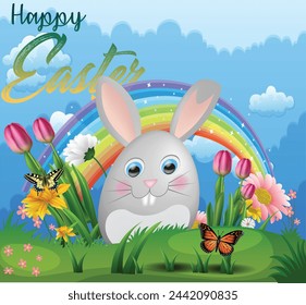 Easter Bunny - Cute Rabbit In blue sky Spring Meadow With Defocused Abstract Lights. vector illustration