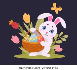 Easter bunny. Cute rabbit carrying basket full of painted chicken eggs, little Easter bunny on green lawn flat vector illustration. Spring egg hunt game symbols