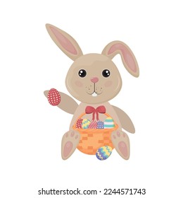 Easter bunny. A cute rabbit in cartoon style is sitting with a basket of Easter eggs. Funny bunny with colorful Easter eggs. Vector illustration isolated on a white background
