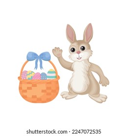 Easter bunny. A cute rabbit in cartoon style is sitting with a basket of Easter eggs. Funny bunny with colorful Easter eggs. Vector illustration isolated on a white background