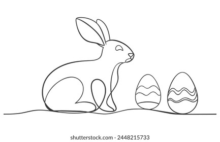 Easter bunny cute rabbit with egg One line continuous line art illustration on white background