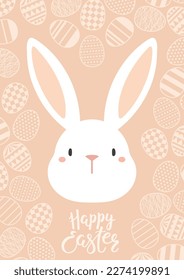 Easter bunny, cute rabbit face, lettering quote Happy Easter on decorative background with painted eggs. Vector illustration. Flat style design. Concept for holiday card, banner, poster, decor element