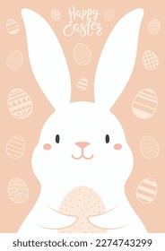 Easter bunny, cute rabbit holding painted egg, lettering quote Happy Easter on decorative background. Vector illustration. Flat style design. Concept for holiday card, banner, poster, decor element.