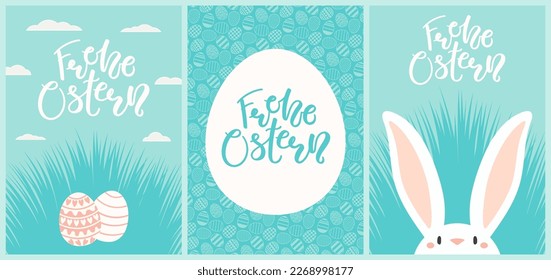 Easter bunny, cute rabbit, painted eggs, spring grass cards, posters collection with German text Frohe Ostern, Happy Easter. Vector illustration. Flat style design. Concept for holiday banner, invite