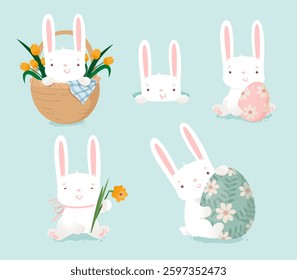 Easter bunny cute set. Easter character design.  White rabbit with basket, spring flowers and Easter eggs. Kawaii cartoon rabbit