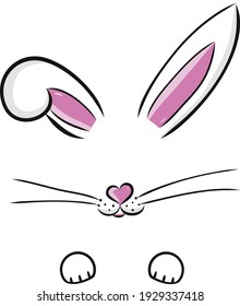 Easter bunny cute vector illustration drawn by hand. Bunny face, ears and tiny muzzle with whiskers isolated on white background