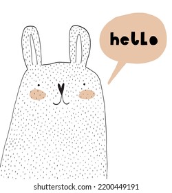 Easter Bunny. Cute White Rabbit with Brown Speech Cloud and Handwritten Hello on a White Background. Infantile Style Print with Lovely Bunny ideal for Wall Art, Poster, Card.