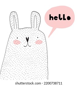 Easter Bunny. Cute White Rabbit with Pastel Pink Speech Cloud and Handwritten Hello on a White Background. Infantile Style Print with Lovely Bunny ideal for Wall Art, Poster, Card.