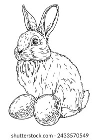 Easter Bunny. Cute white rabbit with easter eggs. Graphic image of a rabbit in sketch style on a white background. Vector graphics. Easter Holiday. Hand Drawn Illustration.