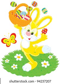 Easter Bunny dancing with a basket filled with colored eggs