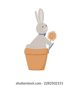 Easter bunny with dandelion in a pot, festive vector illustration on white background in cartoon style for card, print, sticker, postcard