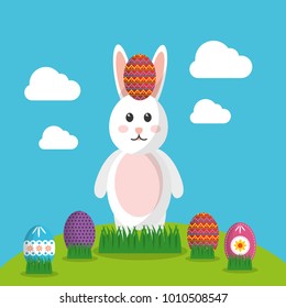 easter bunny with decorated egg on head