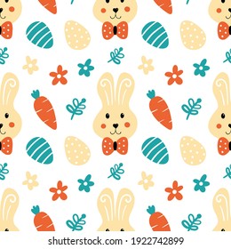 Easter bunny, decorated eggs, carrots and flowers cartoon style vector seamless pattern background for Easter design.