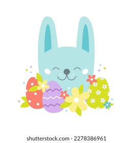 Conejo de Pascua con huevos decorados y flores. Diseño de tarjetas de vacaciones. Ilustración de vector plana colorida.