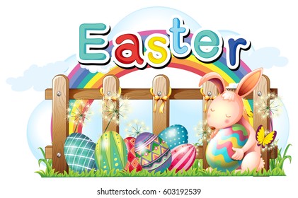 Easter bunny with decorated eggs illustration