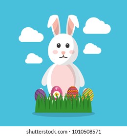 easter bunny decorated eggs on grass and clouds