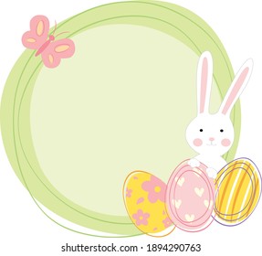 Easter bunny with decorated eggs on a light green background. Easter card. Vector illustration