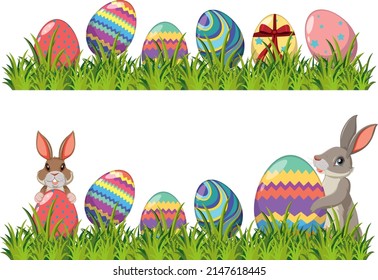 Easter bunny and decorated eggs on green grass illustration
