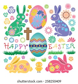 Easter Bunny with Decorated Easter Eggs on Fresh Green Grass
