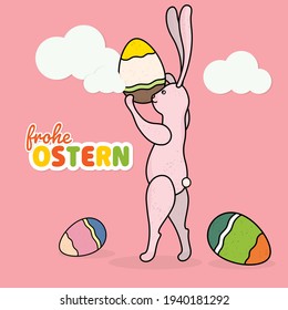 Easter bunny, decorated eggs - one of the traditional Easter symbols. Text in german - Frohe Ostern translate as Happy Easter. Design for greeting card, sticker and home decoration items.