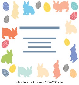 Easter bunny and decorated eggs in square shape. Text frame in centre. Vector illustration isolated on white background. 