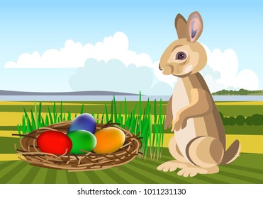 Easter bunny and decorated eggs. Vector illustration