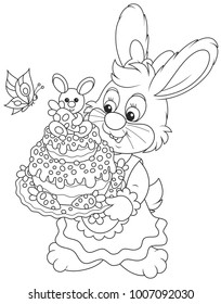 Easter Bunny with a decorated holiday cake, a black and white vector illustration for a coloring book