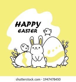 Easter bunny with decorative eggs and very cute chicks, yellow background and Easter greetings.