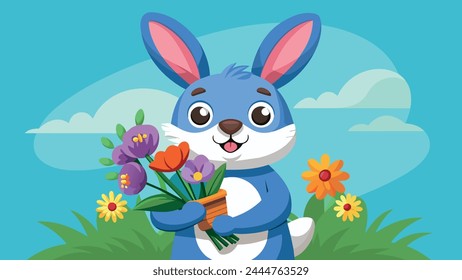 Easter Bunny Delight Charming Rabbit Holding a Blossoming Flower - Vector Illustration