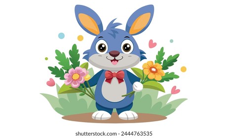 Easter Bunny Delight Charming Rabbit Holding a Blossoming Flower - Vector Illustration