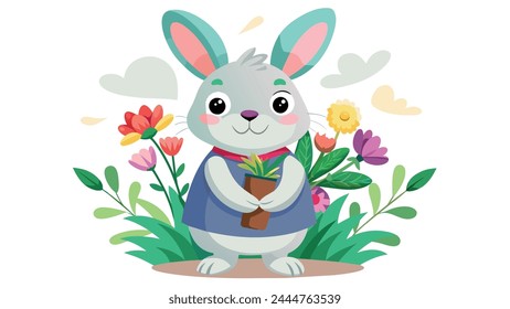 Easter Bunny Delight Charming Rabbit Holding a Blossoming Flower - Vector Illustration