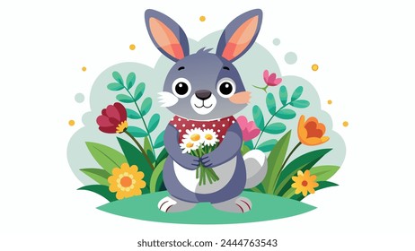 Easter Bunny Delight Charming Rabbit Holding a Blossoming Flower - Vector Illustration