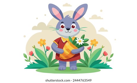 Easter Bunny Delight Charming Rabbit Holding a Blossoming Flower - Vector Illustration
