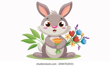 Conejito de Pascua Deleite Conejo Encantador Sosteniendo una Flor Floreciente - Ilustración vectorial