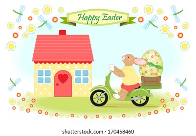 Easter bunny delivers big easter egg by scooter, greeting card decorated with cute house, dragonflies and flowers