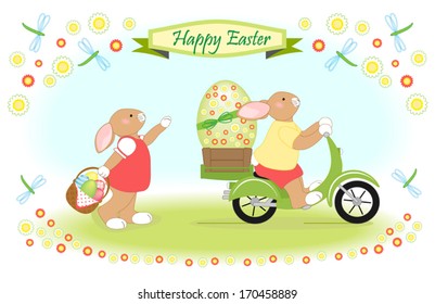 Easter bunny delivers big easter egg by scooter, greeting card decorated with dragonflies and flowers