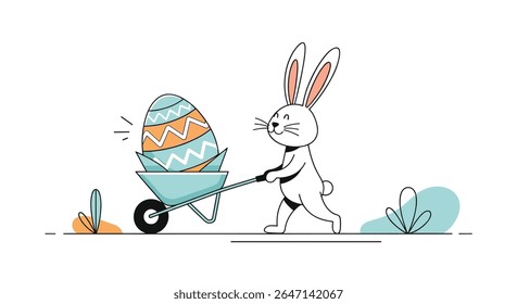 Easter Bunny Delivers Giant Decorative Egg in a Wheelbarrow Spring Holiday Scene