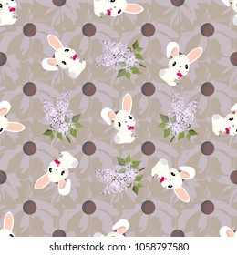 Easter bunny design for textile, wallpapers, wrapping, paper. Spring texture on the flowers background. Apple bunny. Vector illustration for new season coming.