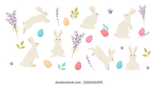 Easter Bunny in different poses with eggs and flowers isolated on white background.