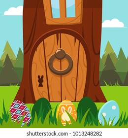 Easter bunny door in a tree with eggs in the grass. Vector cartoon holiday illustration.