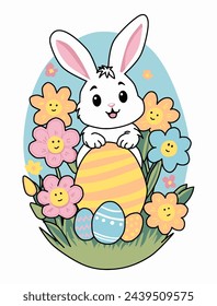 The Easter bunny. A drawing of a cute white rabbit with colored eggs and spring flowers in a cartoon style. postcard, sticker, poster. vector illustration