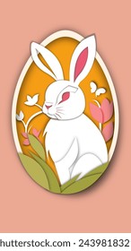 The Easter bunny. A drawing of a cute white rabbit with spring flowers in an egg-shaped frame. imitation of a paper cutout. postcard, sticker, poster. vector illustration