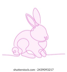 Easter bunny drawn with one continuous line with pink accent. Festive decoration. Vector illustration.